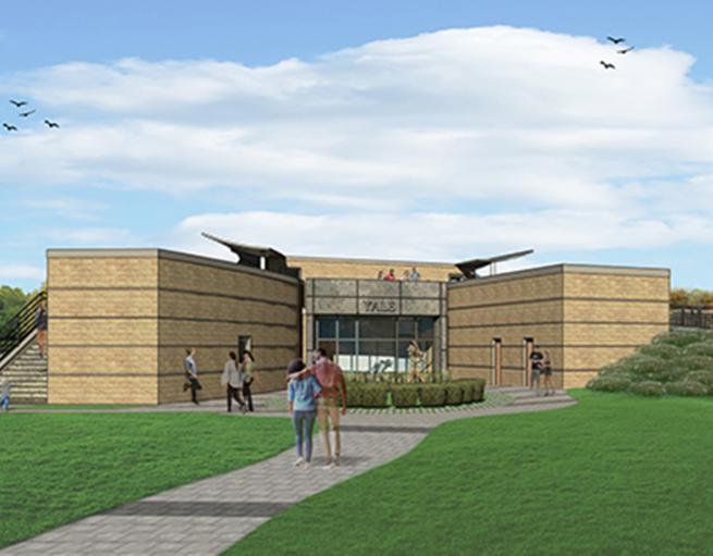 An architect's rendering of the exterior of the Carol Roberts Field House.