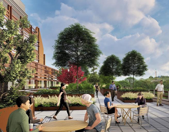 Architectural rendering of the the Schamis Terrace at the Yale Science Building