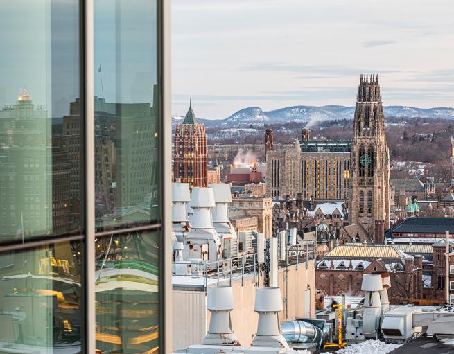 Aerial view to the north from 100 College St., the future home of the Wu Tsai Institute.