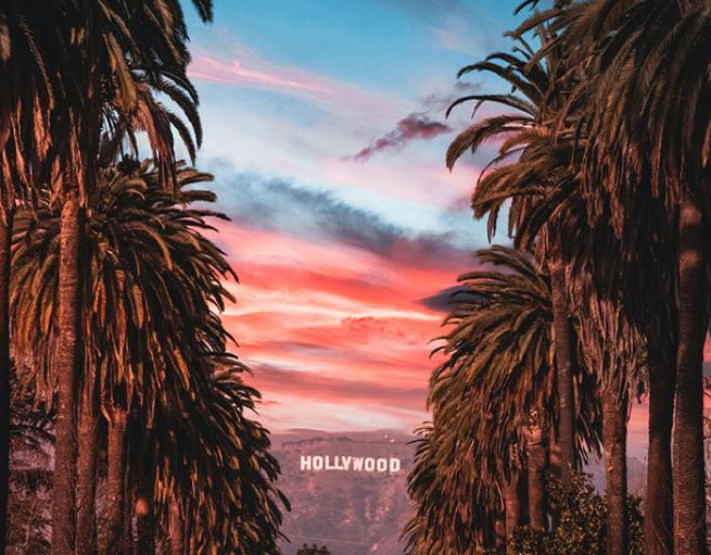 The Hollywood sign in Los Angeles at sunset