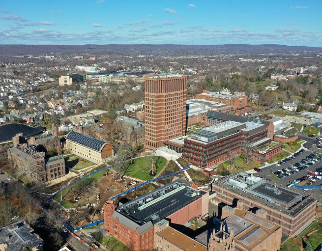 Aerial view of Yale's Science Hill featuring Kline Tower