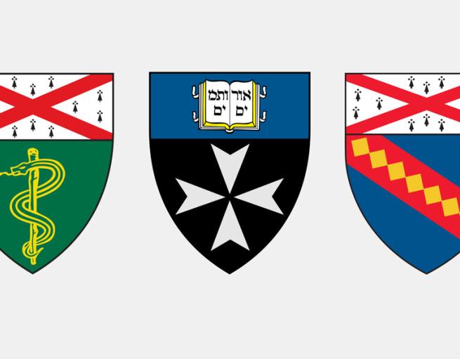 The shields for the School of Medicine, School of Nursing, and School of Public Health