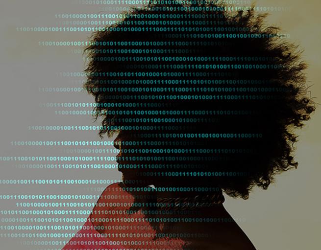 Silhouette superimposed with computer code