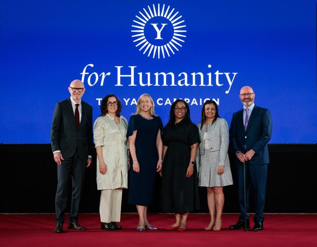 Miroslav Volf, Jeannette Ickovics, Maurie McInnis ’96 PhD, Sparkle Malone, Maryana Iskander ’03 JD, James Hatch ’24
