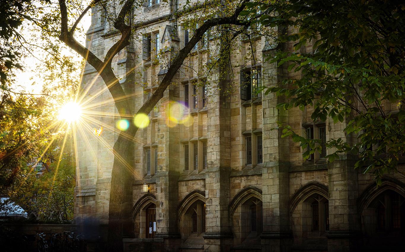 A burst of light illuminates the Yale campus