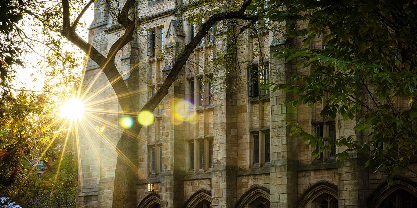 A burst of light illuminates the Yale campus