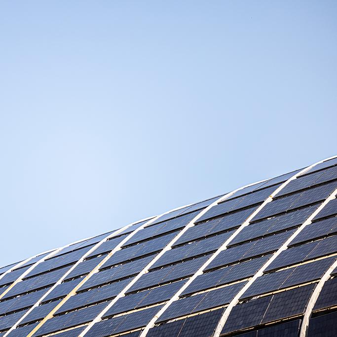 Detail of solar panels on the roof of Yale's Kroon Hall