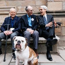 Members of the class of 1957 laugh with Yale President Peter Salovey