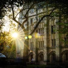 A burst of light illuminates the Yale campus