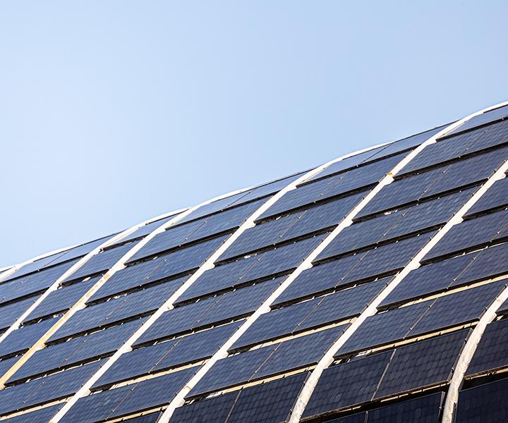 Detail of solar panels on the roof of Yale's Kroon Hall