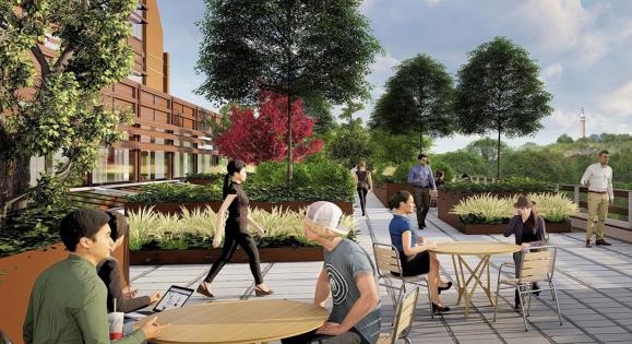 Architectural rendering of the the Schamis Terrace at the Yale Science Building