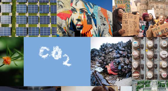 Collage depicting climate change impacts and interventions