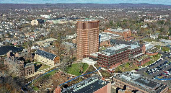 Aerial view of campus featuring Kline Tower