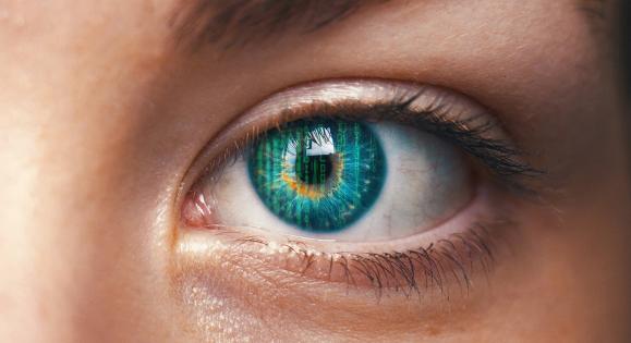 Computer code reflected in a single human eye