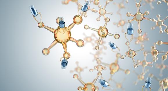 An artist's rendition of mechano-biology, showing synthetic capsules in virus-like forms attaching to stylized representations of proteins