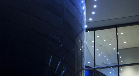 Detail of lights illuminating Yale SOM at night