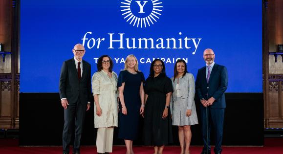 Miroslav Volf, Jeannette Ickovics, Maurie McInnis ’96 PhD, Sparkle Malone, Maryana Iskander ’03 JD, James Hatch ’24