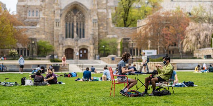 Students working and socializing on a campus lawn