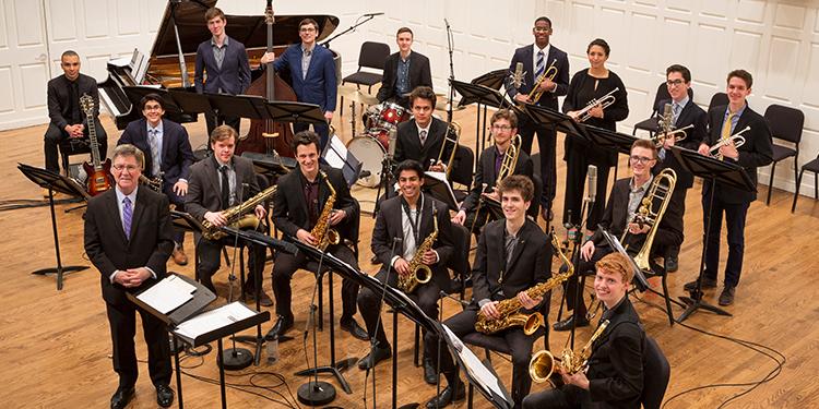 Director Thomas C. Duffy stands ready to lead the 2018–2019 Yale Jazz Ensemble in Morse Recital Hall.