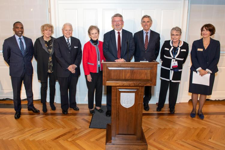 Campaign co-chairs Elijah Heyward ’07 MAR and Nancy Taylor ’81 MDiv, honorary campaign co-chairs George and Carol Bauer, Dean Gregory E. Sterling, Dean’s Advisory Council co-chairs Sam Croll ’75 MAR and Beth Johnson ’84 MDiv, and Barbara Sabia, senior director of alumni engagement and development