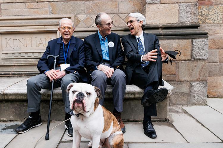 Members of the class of 1957 laugh with Yale President Peter Salovey