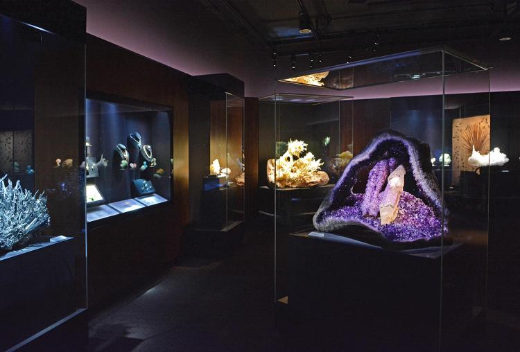 A view of the renovated David Friend Hall in 2016, featuring a large Amethyst specimen