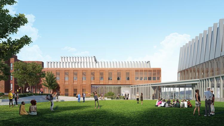 A rendering of the northeast-facing view of the courtyard welcoming visitors to the PSEB facility