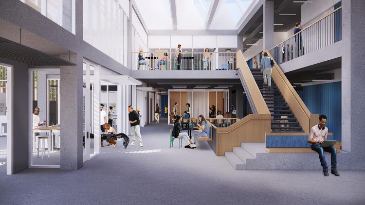 A rendering of the PSEB's large, open shared interior spaces
