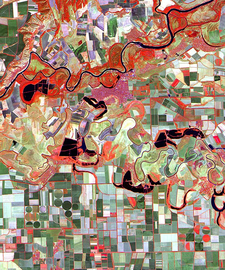 Satellite image, with both visible and nonvisible light wavelengths, showing the path of a river through and surrounding farm fields in the Rostov region of Russia.