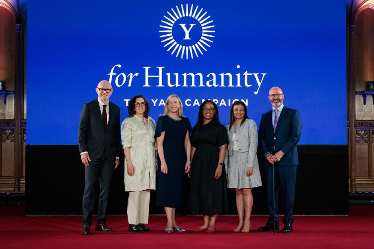 Miroslav Volf, Jeannette Ickovics, Maurie McInnis ’96 PhD, Sparkle Malone, Maryana Iskander ’03 JD, James Hatch ’24