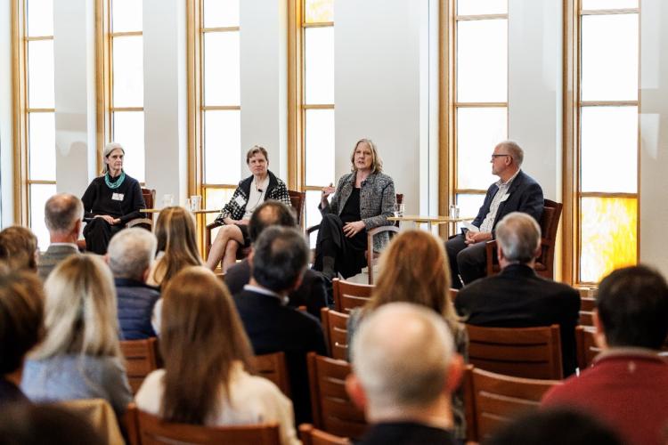 University leaders panel from left to right: Deborah Berke, the Edward P. Bass Dean of Yale School of Architecture; Nancy J. Brown ’81, the Jean and David W. Wallace Dean of Yale School of Medicine; Heather Gerken, Dean of Yale Law School; Scott Strobel, University Provost